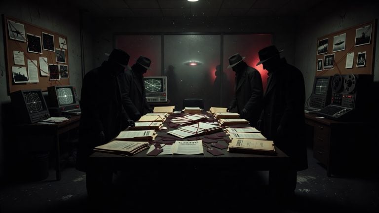 Dark faceless intelligence archive with redacted UFO files and a distant anomalous glow symbolizing managed UAP disclosure — ConspiracyRealist.com