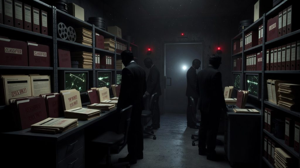 Dark faceless government archive with redacted UFO dossiers, radar screens, and a distant anomalous glow symbolizing managed disclosure — ConspiracyRealist.com