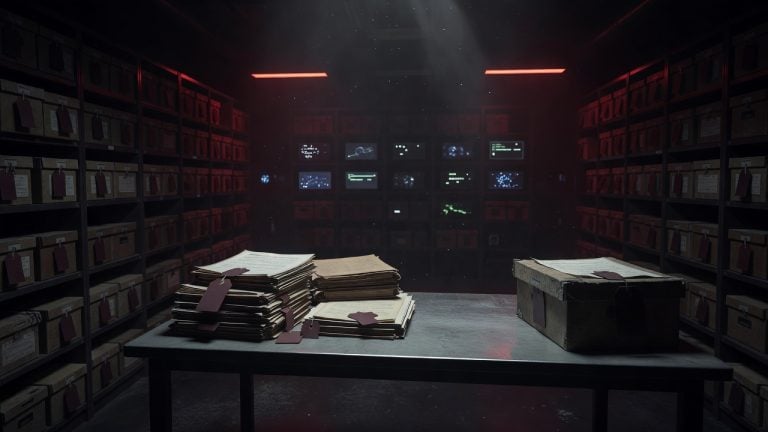 Dark faceless intelligence archive chamber with redacted dossiers, sealed evidence boxes, maroon tags, and ominous crimson lighting symbolizing the active archive conspiracy — ConspiracyRealist.com