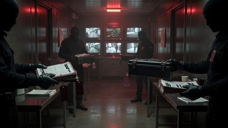 Dark faceless government evidence-transfer corridor with redacted dossiers, sealed cases, maroon evidence tags, radar glow, and ominous crimson lighting symbolizing the chain-of-custody conspiracy — ConspiracyRealist.com