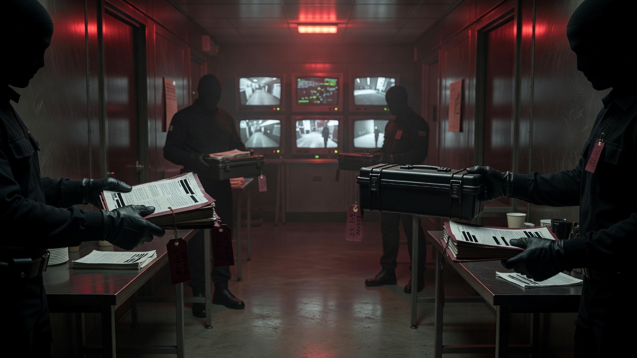 Dark faceless government evidence-transfer corridor with redacted dossiers, sealed cases, maroon evidence tags, radar glow, and ominous crimson lighting symbolizing the chain-of-custody conspiracy — ConspiracyRealist.com