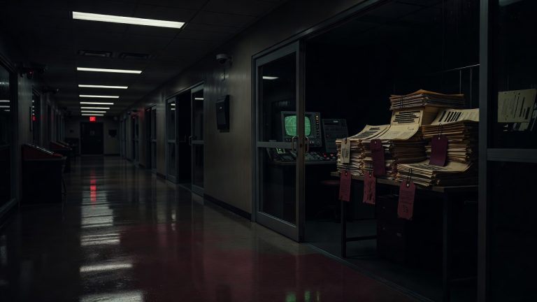 Dark faceless airport corridor opening into a shadowy intelligence room with redacted dossiers, maroon evidence tags, surveillance glow, and ominous crimson lighting symbolizing the civilian reporting vacuum conspiracy — ConspiracyRealist.com