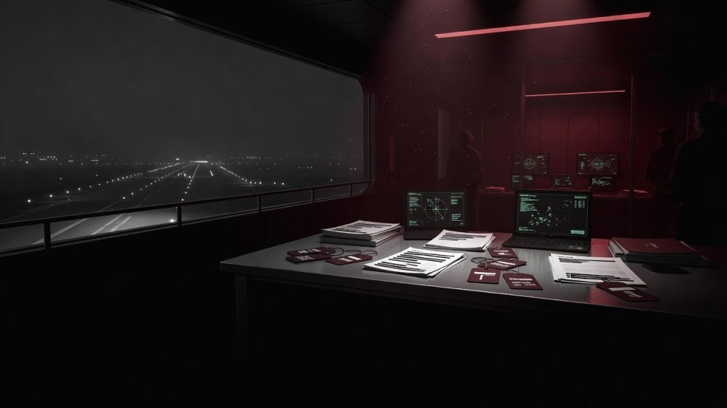 Dark faceless airport observation deck fading into a classified intelligence room with radar screens, redacted dossiers, maroon evidence tags, and ominous crimson lighting symbolizing the evidence degradation conspiracy — ConspiracyRealist.com