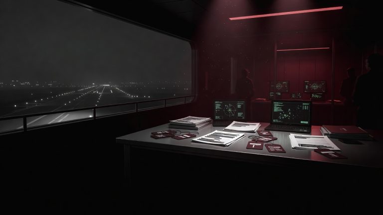 Dark faceless airport observation deck fading into a classified intelligence room with radar screens, redacted dossiers, maroon evidence tags, and ominous crimson lighting symbolizing the evidence degradation conspiracy — ConspiracyRealist.com