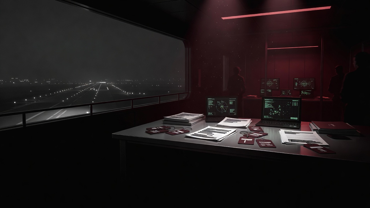 Dark faceless airport observation deck fading into a classified intelligence room with radar screens, redacted dossiers, maroon evidence tags, and ominous crimson lighting symbolizing the evidence degradation conspiracy — ConspiracyRealist.com