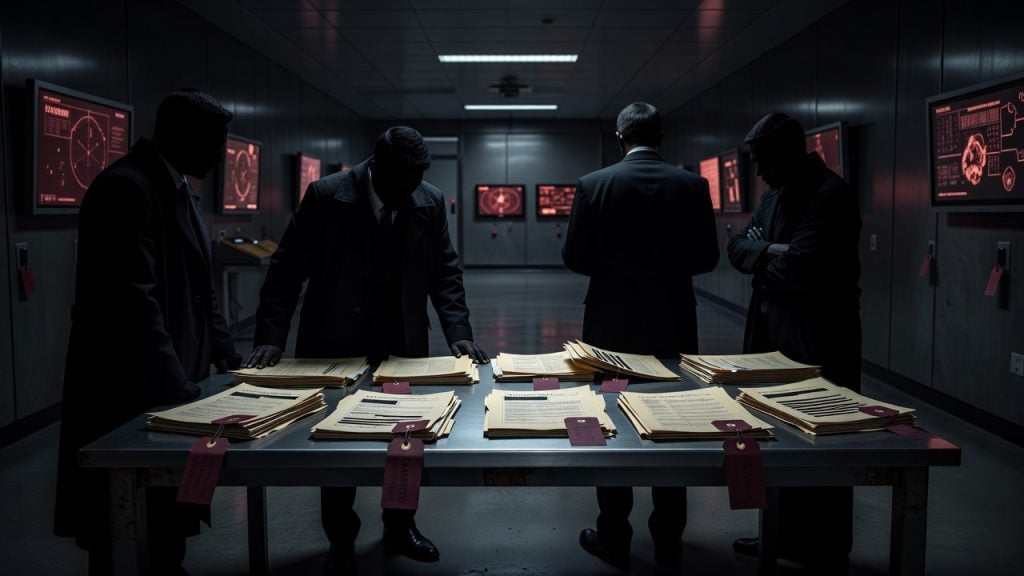 Dark faceless intelligence-analysis room fused with an airport surveillance corridor, redacted dossiers, maroon evidence tags, radar glow, and ominous shadows symbolizing the metadata blackout conspiracy — ConspiracyRealist.com