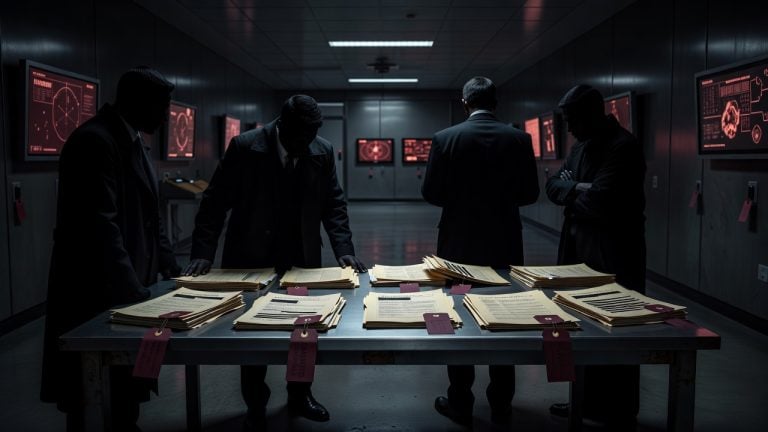 Dark faceless intelligence-analysis room fused with an airport surveillance corridor, redacted dossiers, maroon evidence tags, radar glow, and ominous shadows symbolizing the metadata blackout conspiracy — ConspiracyRealist.com