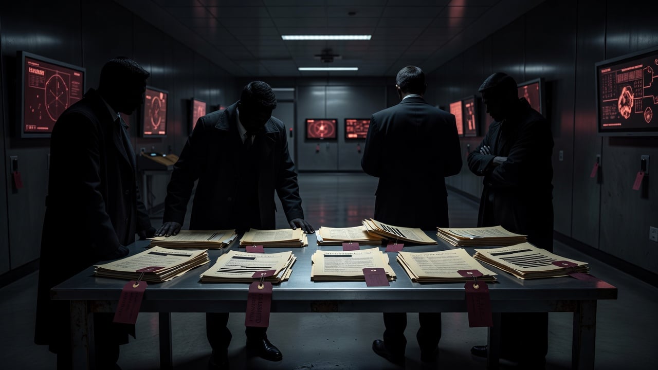 Dark faceless intelligence-analysis room fused with an airport surveillance corridor, redacted dossiers, maroon evidence tags, radar glow, and ominous shadows symbolizing the metadata blackout conspiracy — ConspiracyRealist.com
