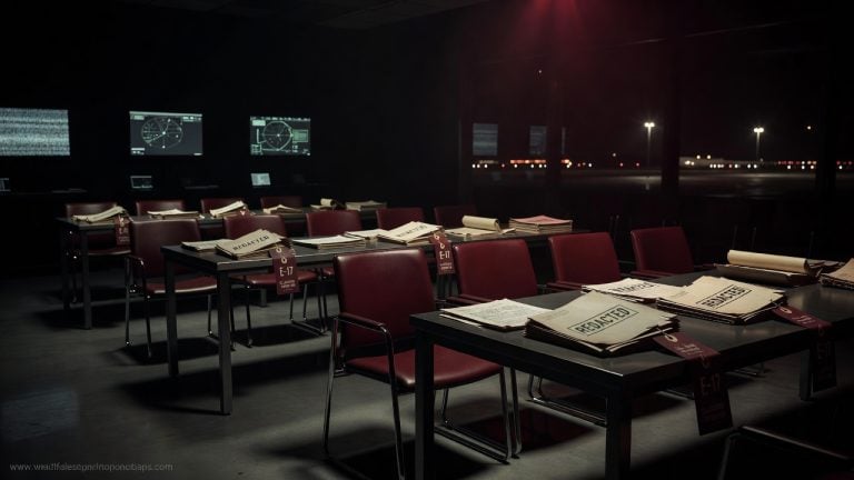 Dark faceless airport and intelligence scene with redacted dossiers, maroon evidence tags, surveillance glow, and ominous crimson lighting symbolizing the reporting stigma conspiracy — ConspiracyRealist.com