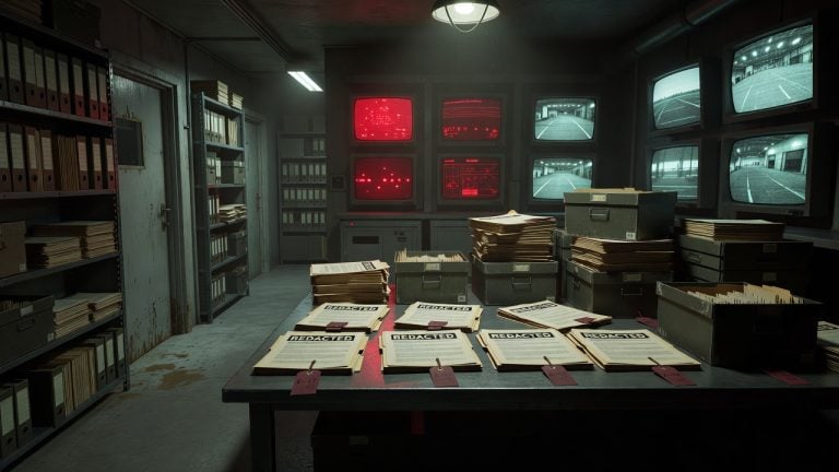 Dark faceless intelligence archive corridor with redacted dossiers, radar screens, maroon evidence tags, and ominous crimson lighting symbolizing the rolling disclosure conspiracy — ConspiracyRealist.com