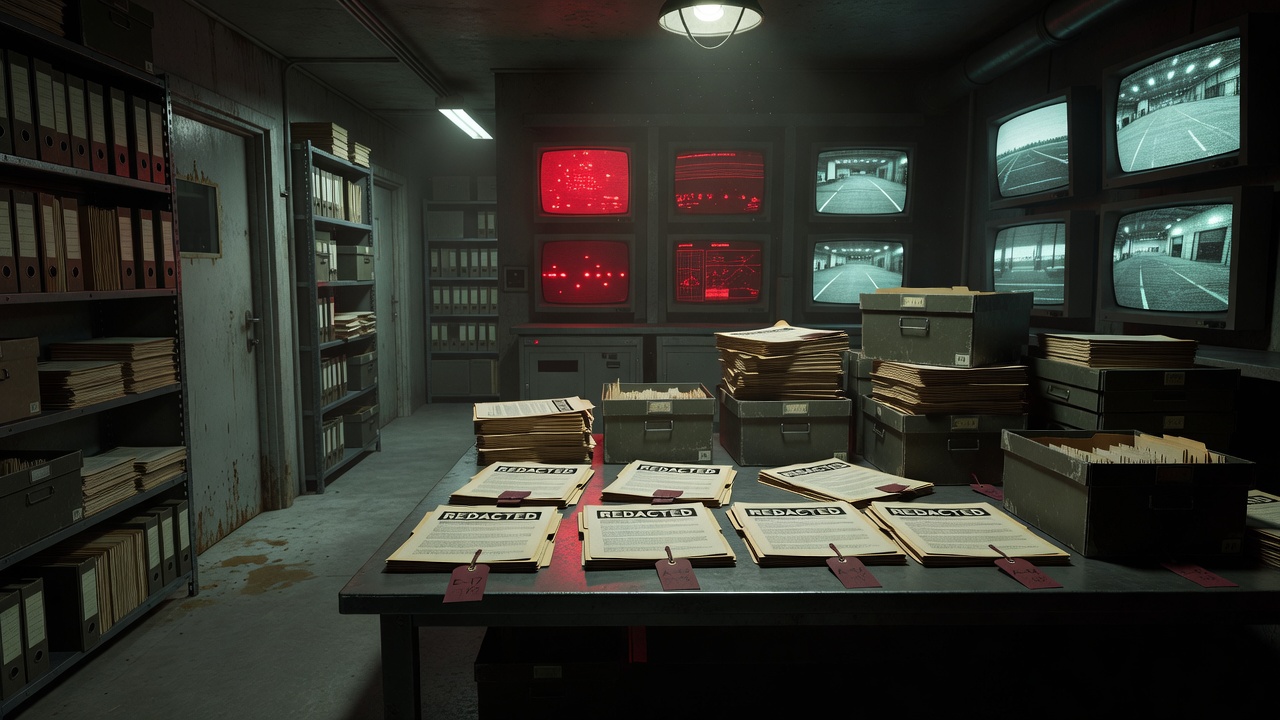 Dark faceless intelligence archive corridor with redacted dossiers, radar screens, maroon evidence tags, and ominous crimson lighting symbolizing the rolling disclosure conspiracy — ConspiracyRealist.com